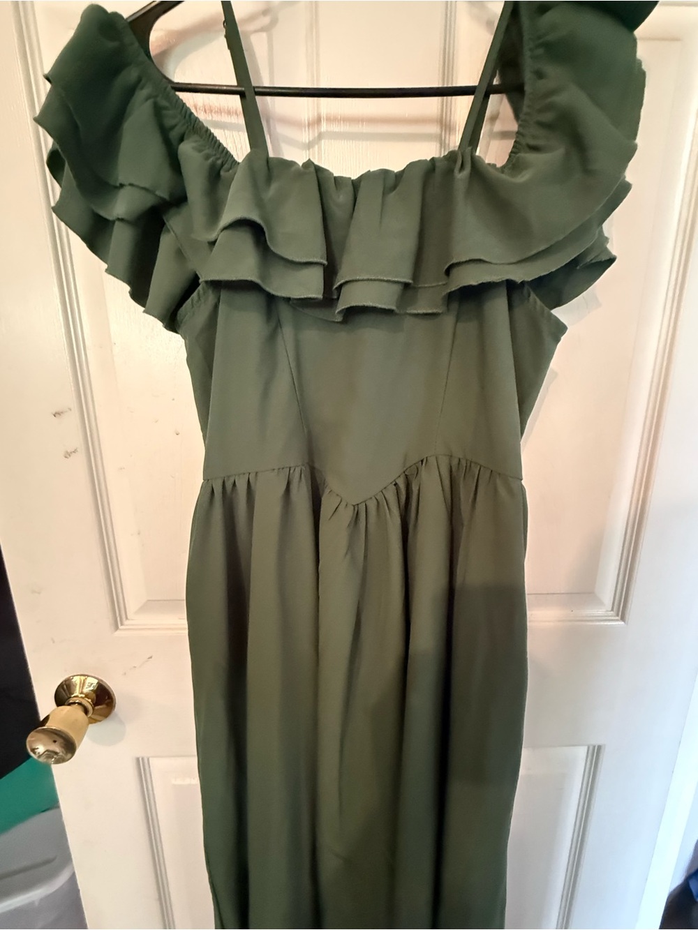 Olive Green Ruffled Off-Shoulder Maxi Dress